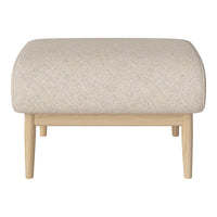 Light beige upholstered ottoman with a textured pattern and light wood legs. Ideal for modern decor.