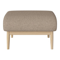 Light beige ottoman with a textured fabric and natural wood legs, showcasing a minimalist design.