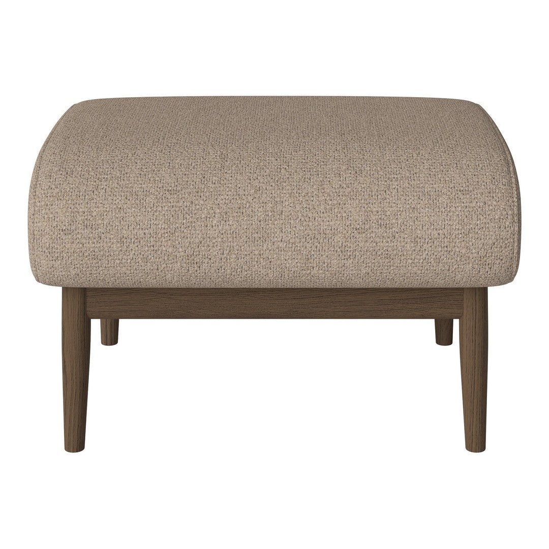 Beige upholstered ottoman with a smooth texture and wooden legs, offering a modern and minimalist design.
