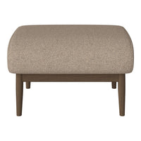 Beige upholstered ottoman with a smooth texture and wooden legs, offering a modern and minimalist design.