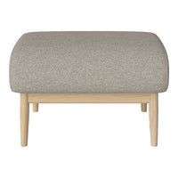 Light gray upholstered ottoman with a smooth texture, complemented by natural wood legs in a minimalist design.