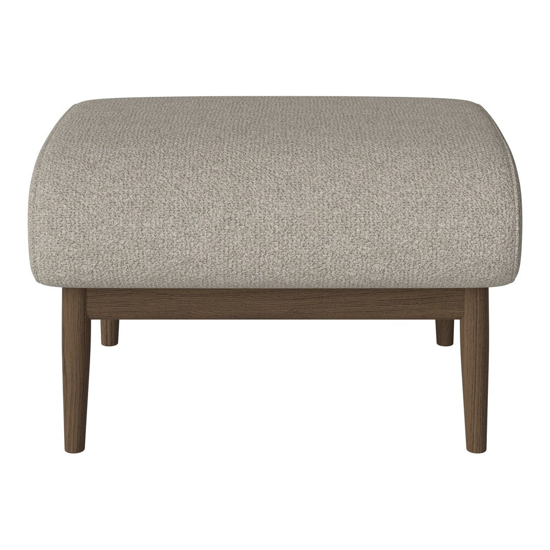 Light gray textured fabric ottoman with rounded corners and dark wooden legs. Neutral colors for versatile decor.