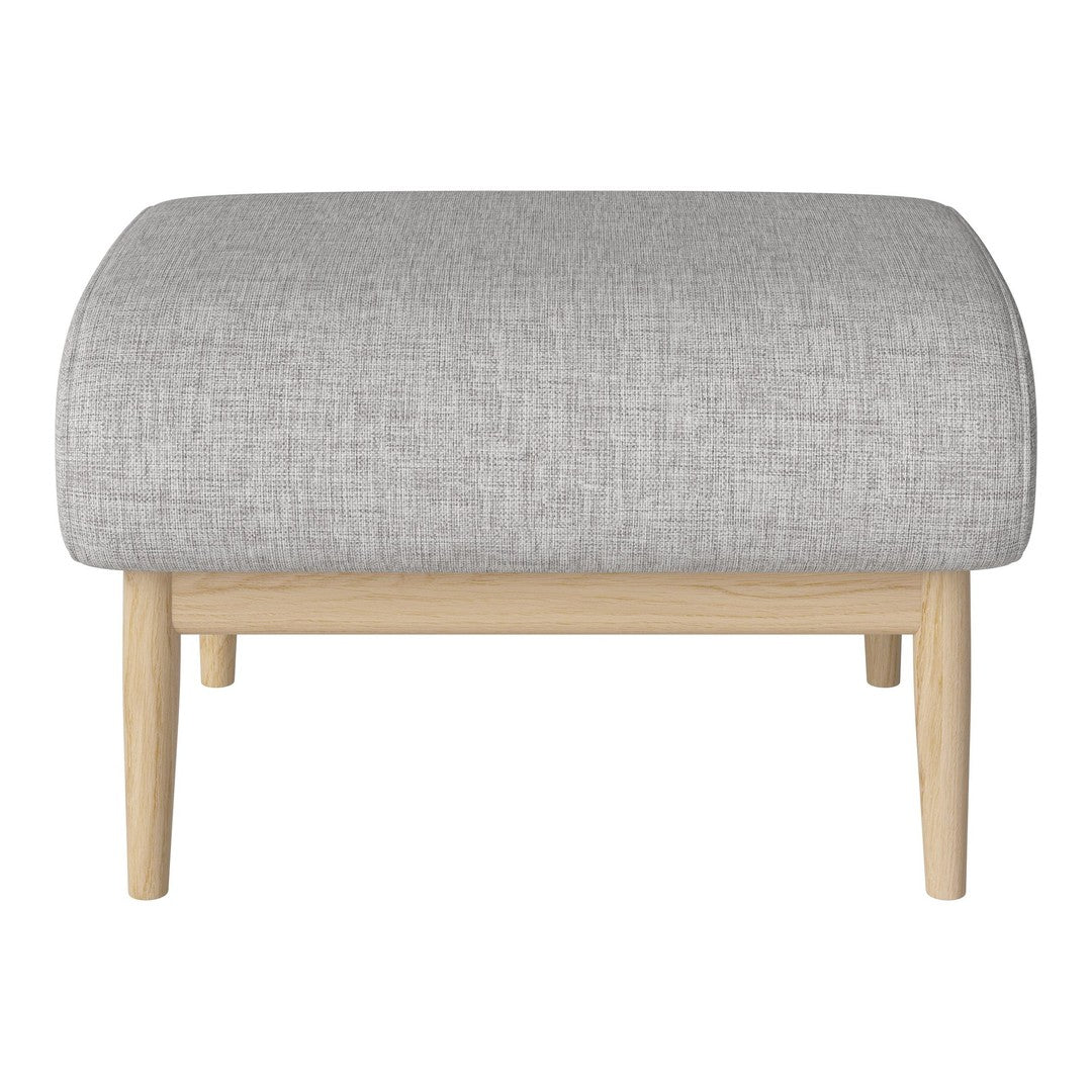 Gray textured fabric ottoman with light wood legs, featuring a simple and modern design. Ideal for contemporary spaces.