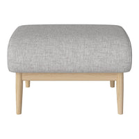Gray textured fabric ottoman with light wood legs, featuring a simple and modern design. Ideal for contemporary spaces.