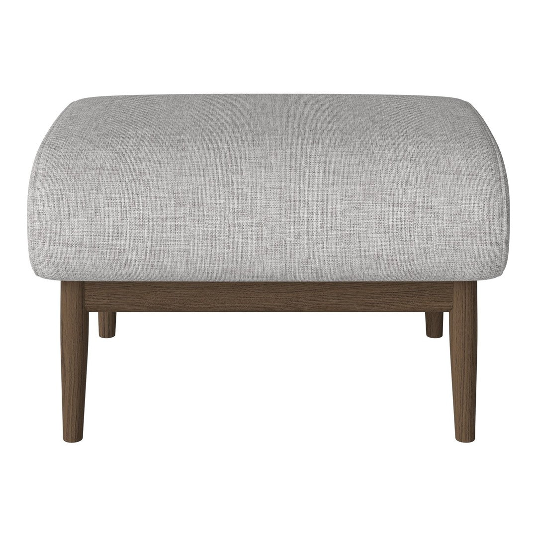 Light gray upholstered ottoman with a smooth texture and wooden legs, perfect for modern decor.