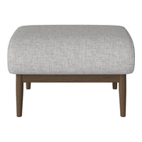 Light gray upholstered ottoman with a smooth texture and wooden legs, perfect for modern decor.