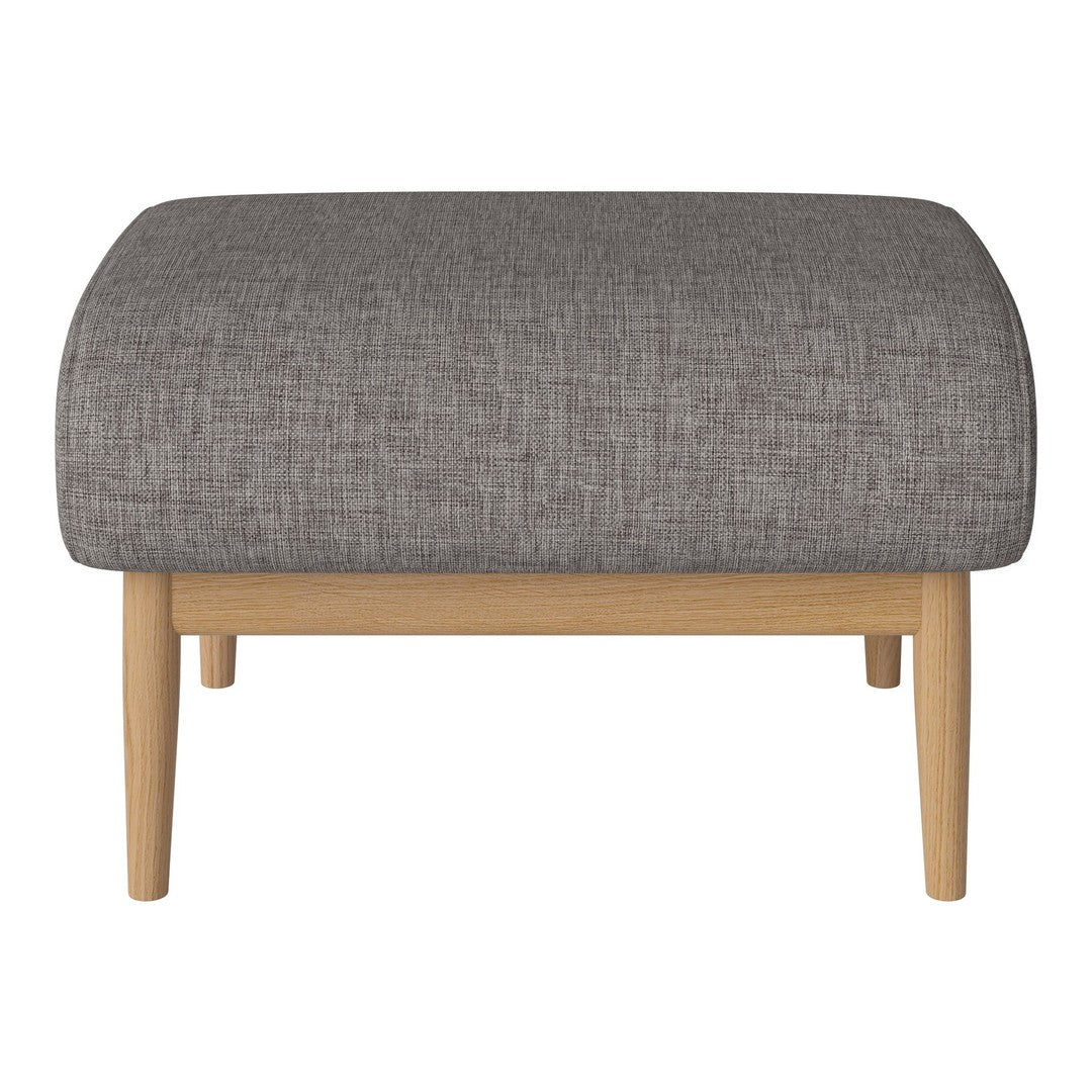 Gray textured ottoman with light wood legs, featuring a subtle woven pattern for modern home decor.