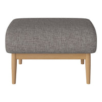 Gray textured ottoman with light wood legs, featuring a subtle woven pattern for modern home decor.