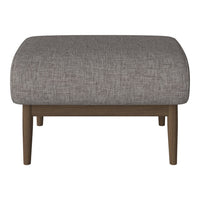 Gray upholstered ottoman with a textured fabric finish and wooden legs. Modern and stylish design for any room.