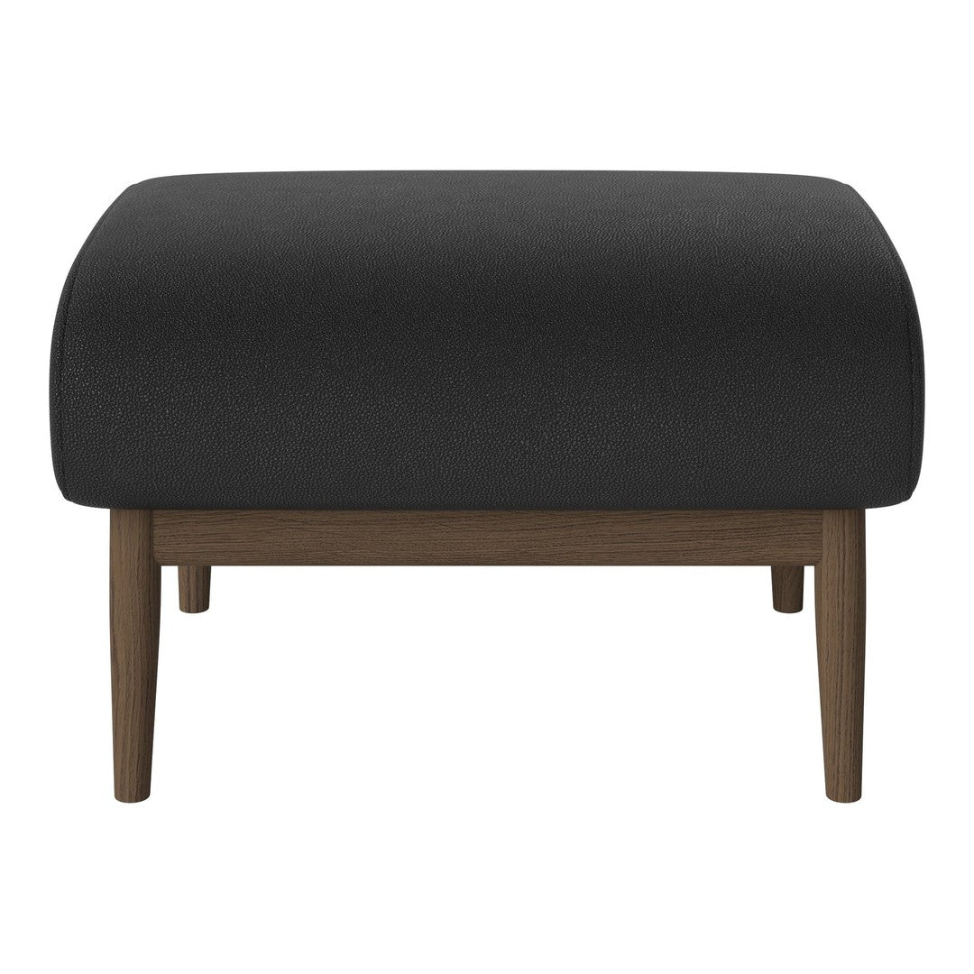 Black upholstered ottoman with a smooth texture and wooden legs. Elegant, modern design perfect for any decor.