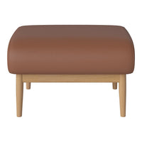 Brown leather ottoman with smooth texture and natural wooden legs, perfect for modern living spaces.