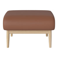 Brown upholstered ottoman with a smooth surface and light wood legs. Simple, modern design for versatile decor.