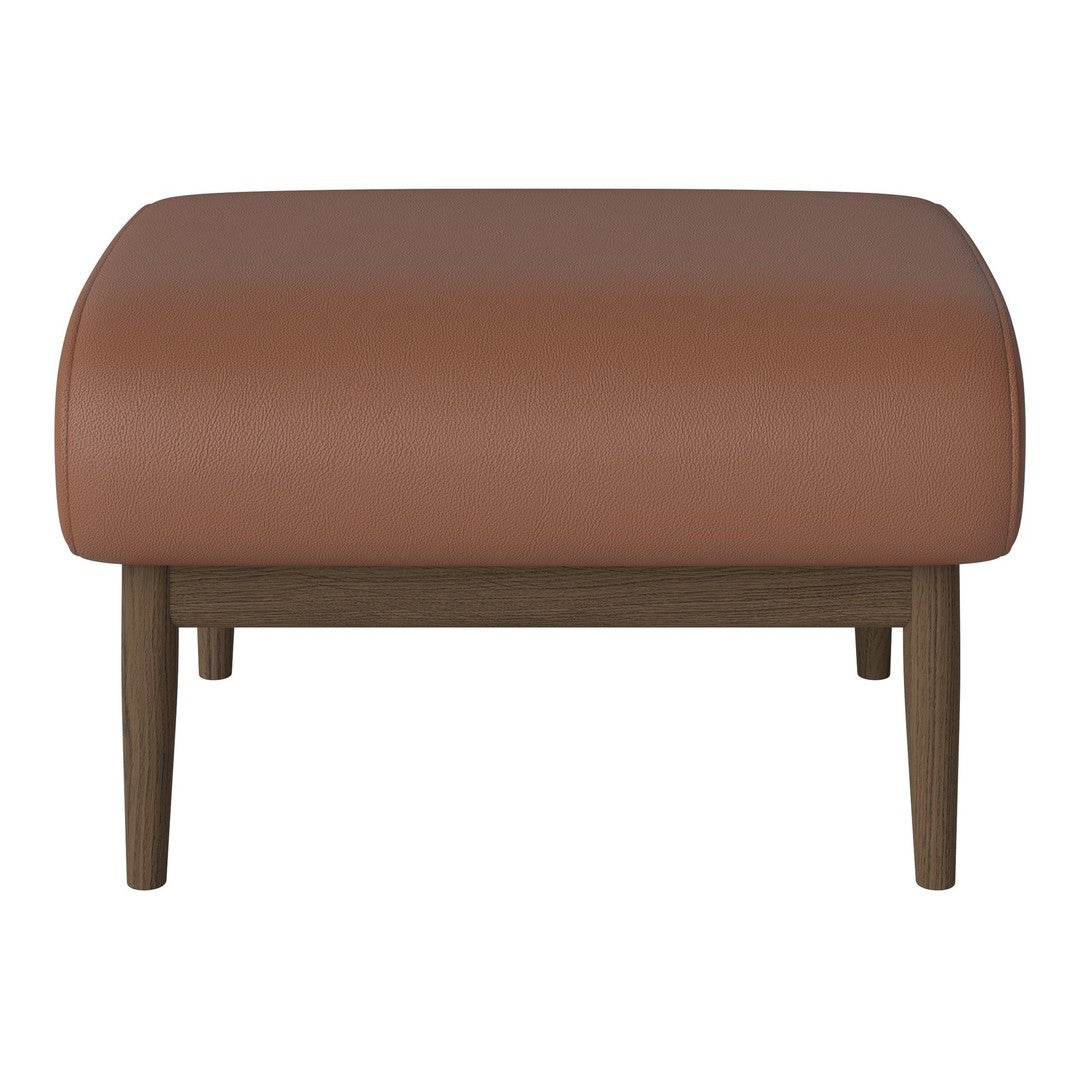 Brown leather ottoman with a smooth surface and wooden legs, featuring a modern, minimalist design.