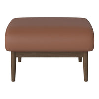 Brown leather ottoman with a smooth surface and wooden legs, featuring a modern, minimalist design.