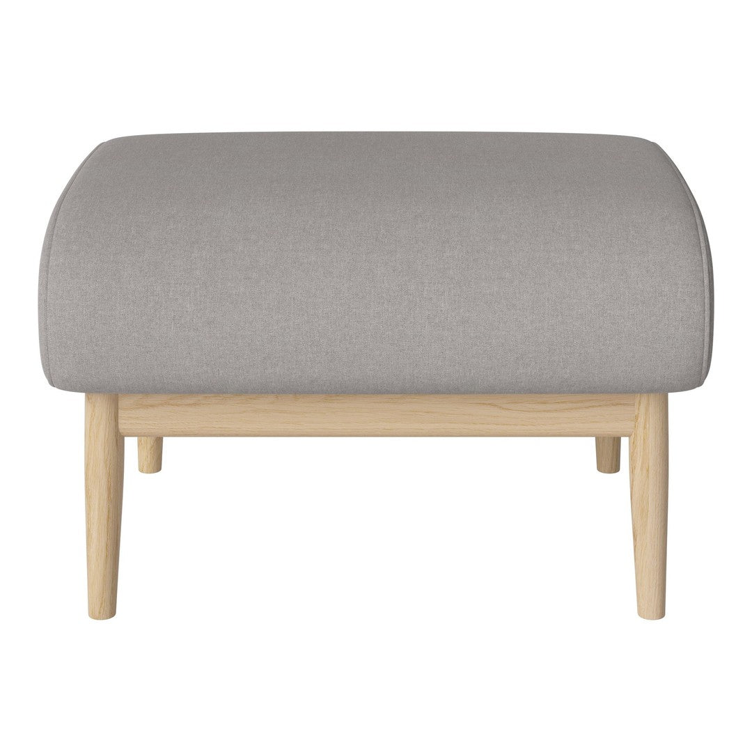 Light gray upholstered ottoman with smooth, rounded edges and natural wooden legs. Simple and modern design.