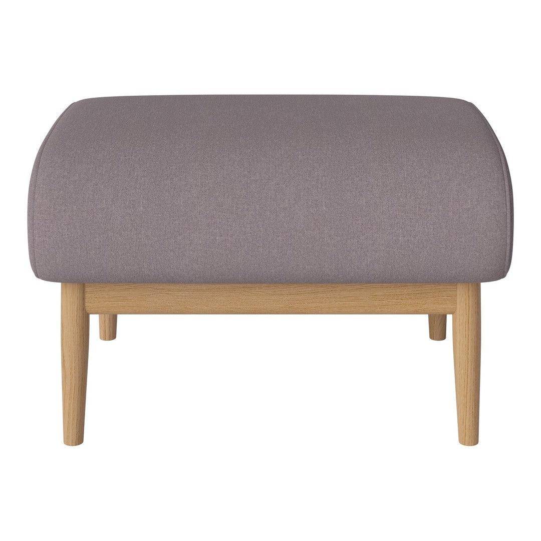 Soft gray upholstered ottoman with a rounded top and light wood legs, perfect for modern decor.