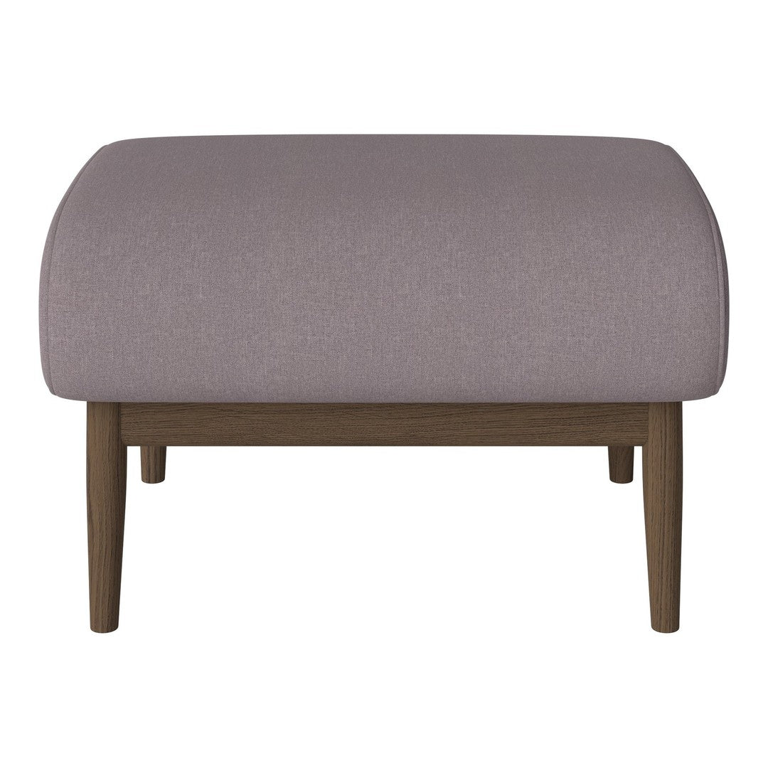 Plush light purple ottoman with smooth fabric and wooden legs, perfect for modern decor.