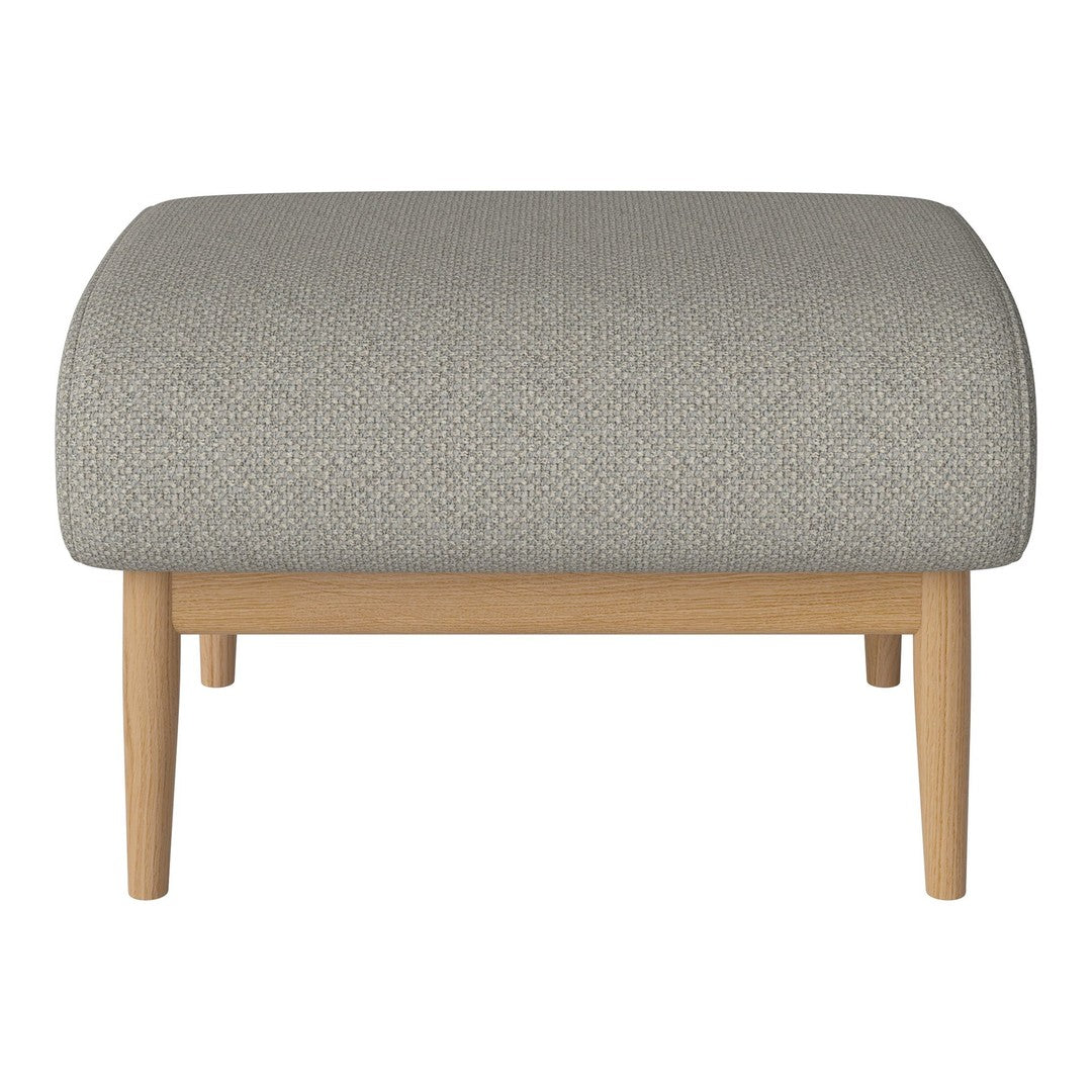 Light gray upholstered ottoman with a subtle textured pattern and natural wooden legs. Perfect for modern decor.