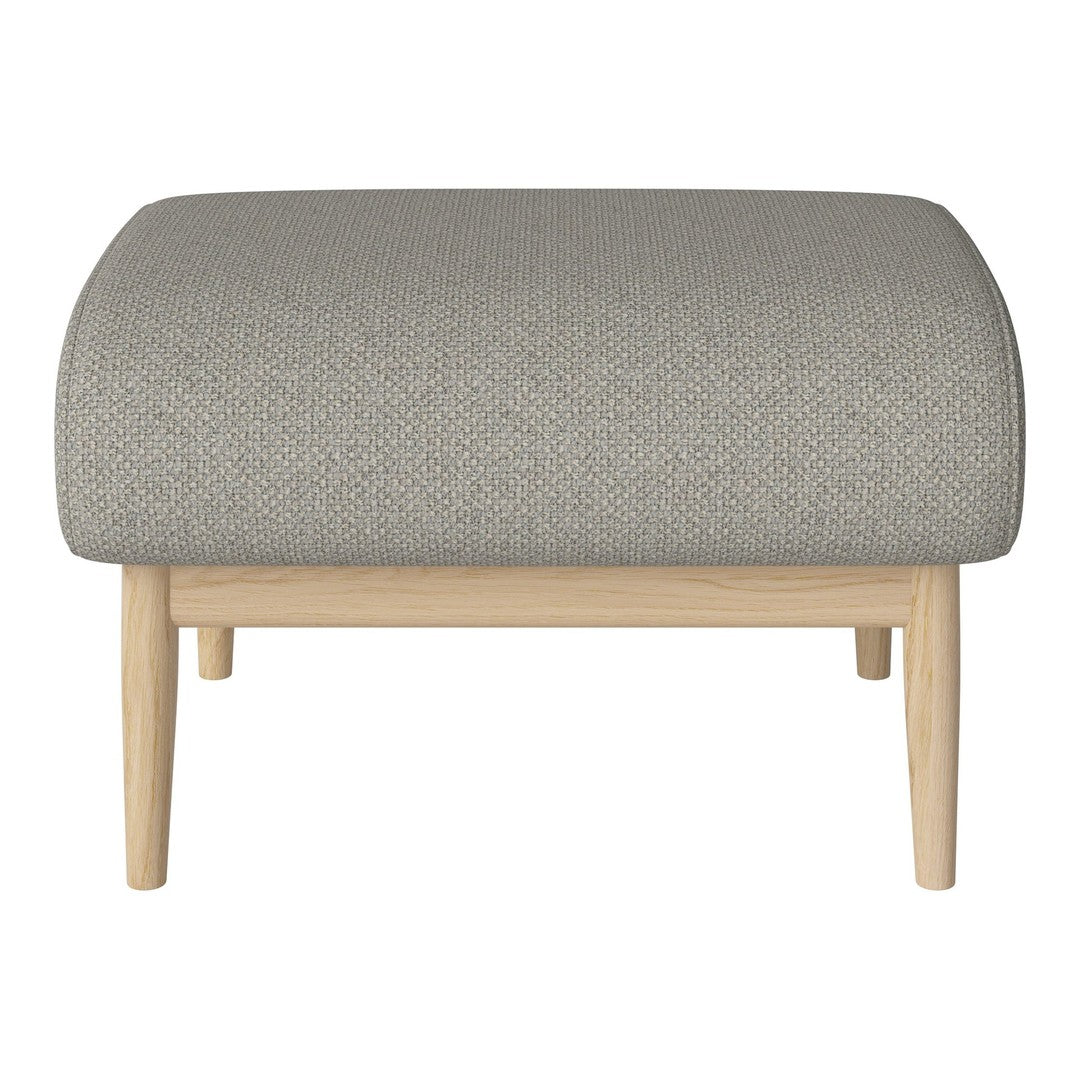Gray textured fabric ottoman with natural wood legs, showcasing a minimalist design perfect for modern decor.
