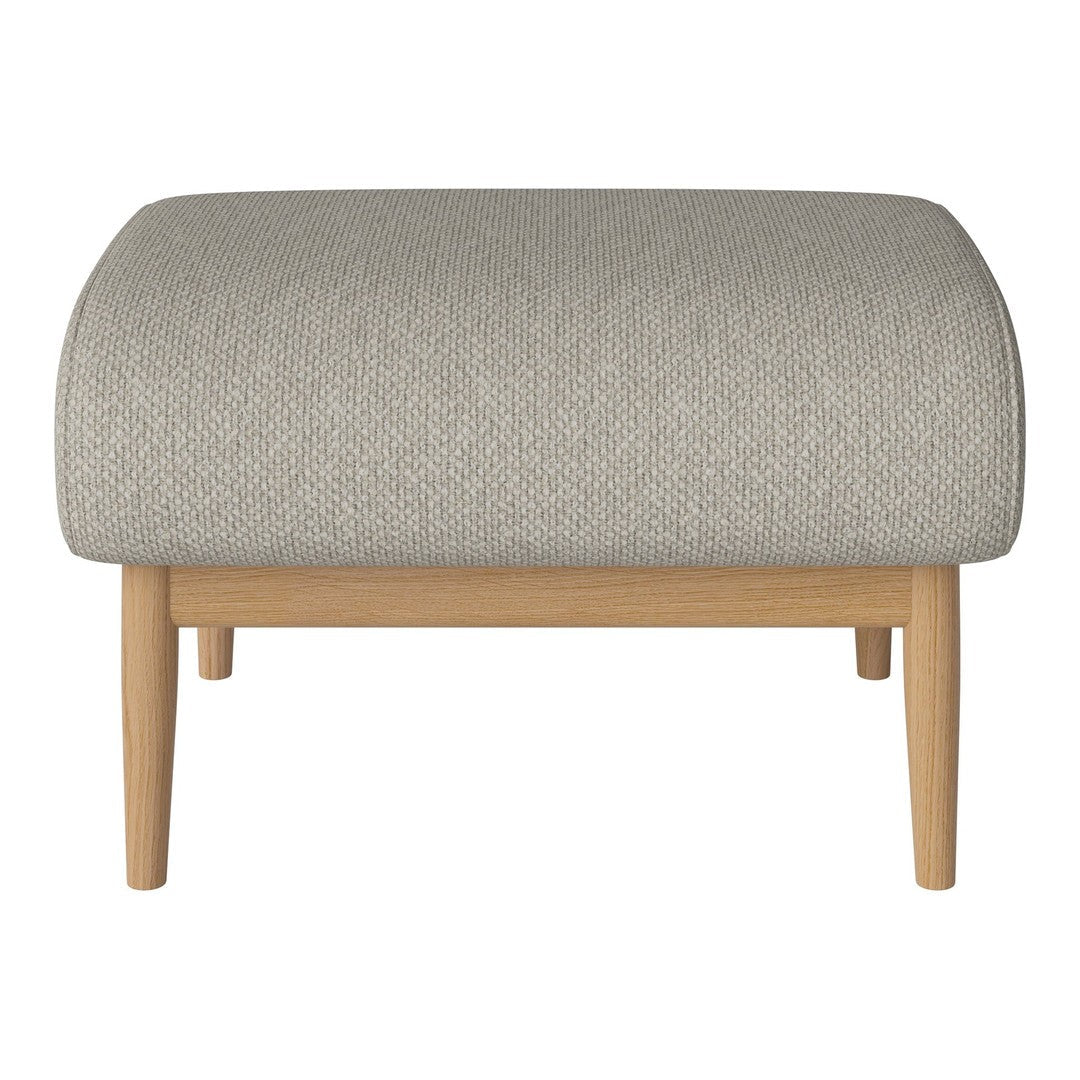 Light gray upholstered ottoman with a subtle textured pattern and natural wood legs. Modern and stylish accent piece.