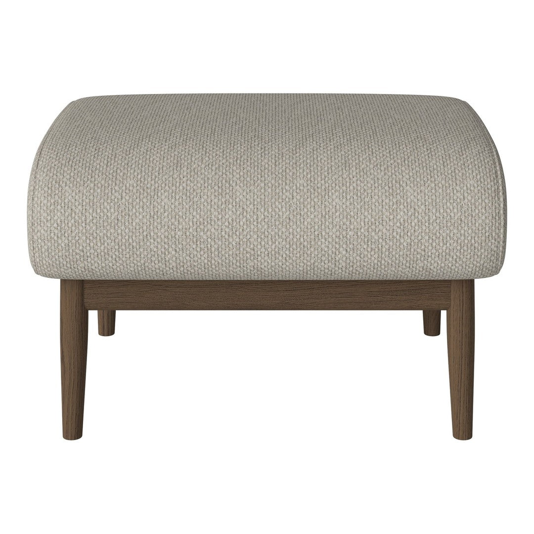 Light gray textured ottoman with a sleek wooden base, perfect for modern decor.