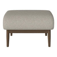 Light gray textured ottoman with a sleek wooden base, perfect for modern decor.