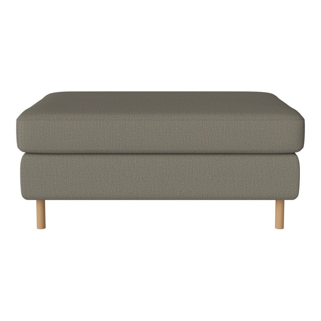 Gray upholstered ottoman with a smooth texture and wooden legs, perfect for modern living spaces.