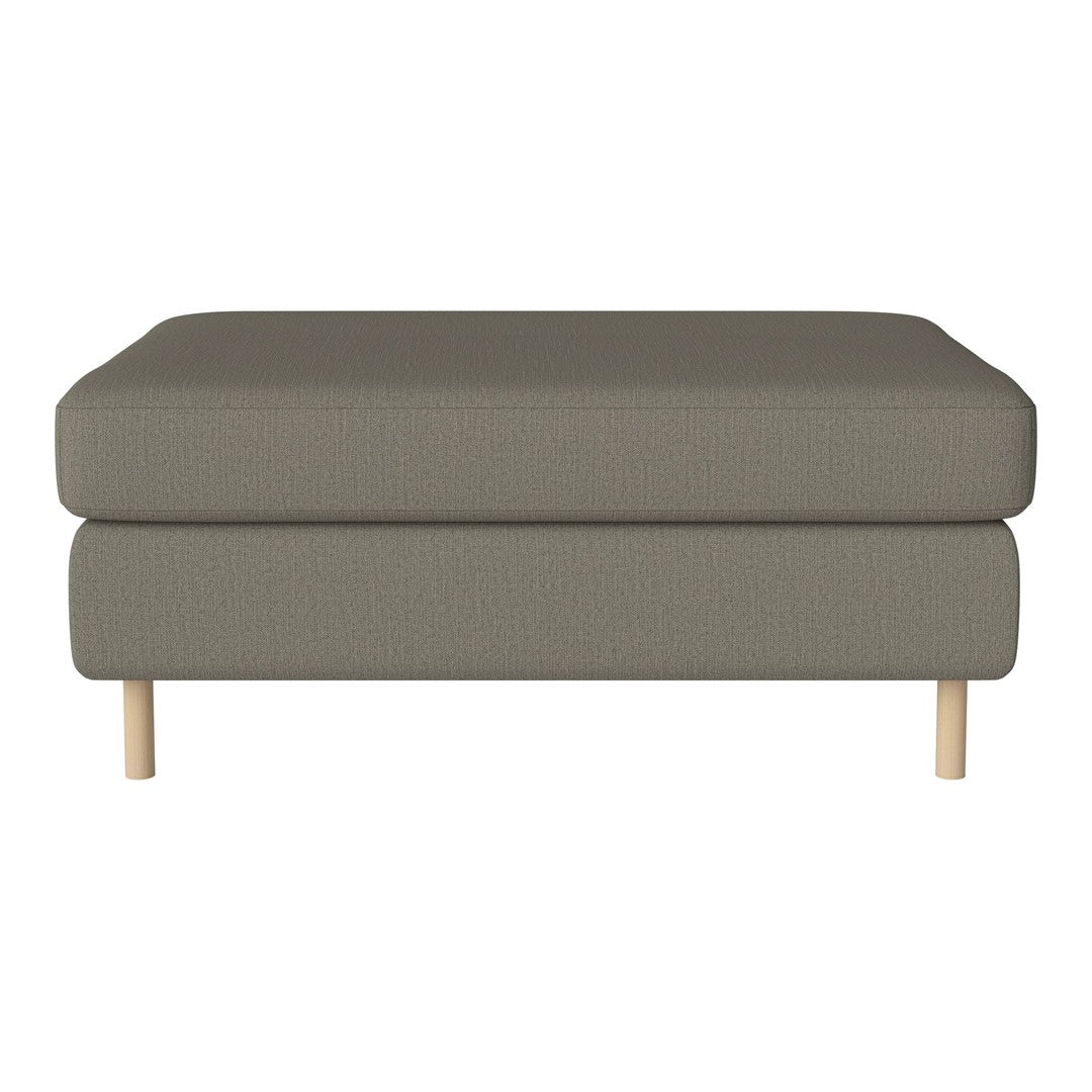 Gray upholstered ottoman with a textured pattern and light wooden legs. Elegant and modern design for versatile decor.