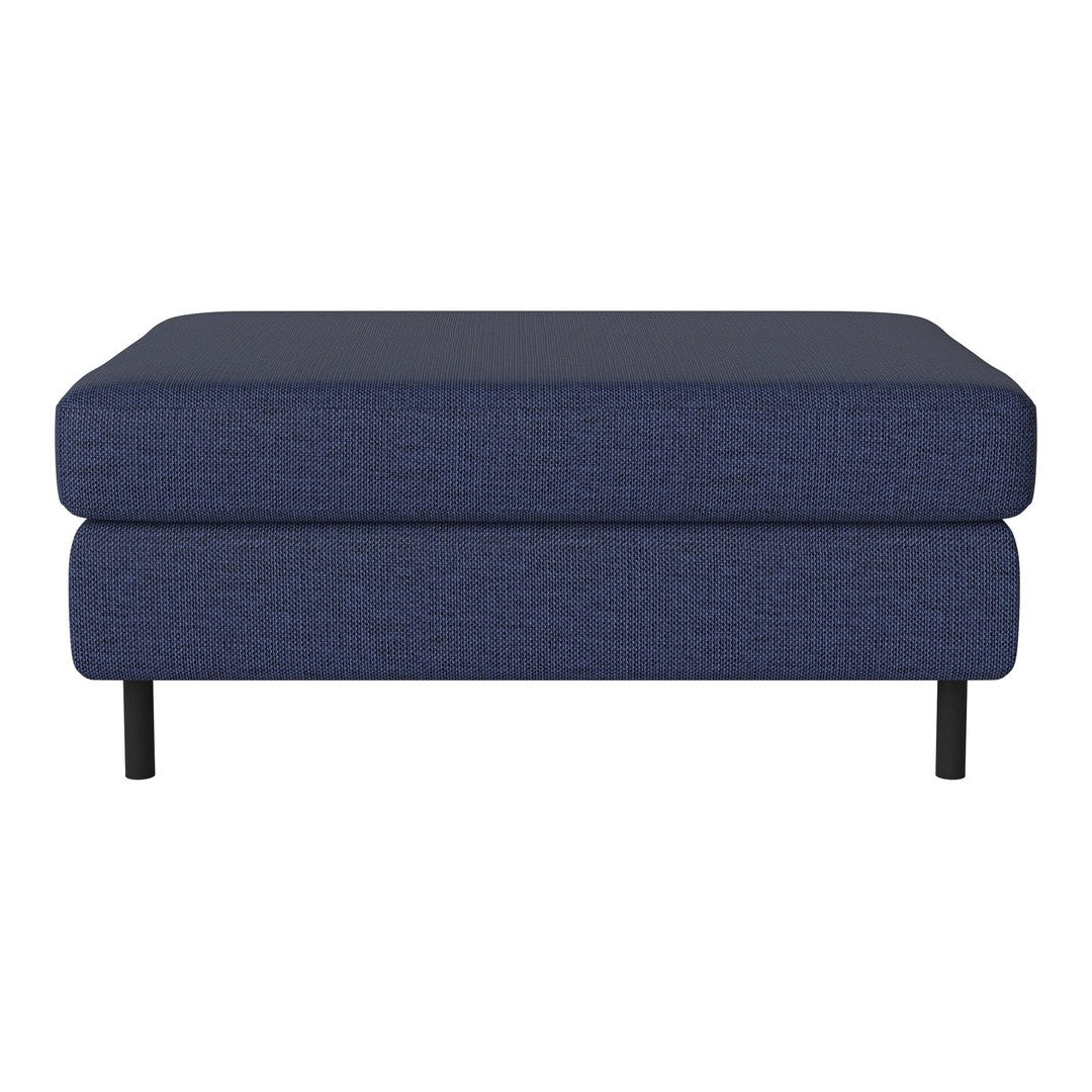 Navy blue upholstered ottoman with a textured pattern and black metal legs. Versatile and modern design for any decor.