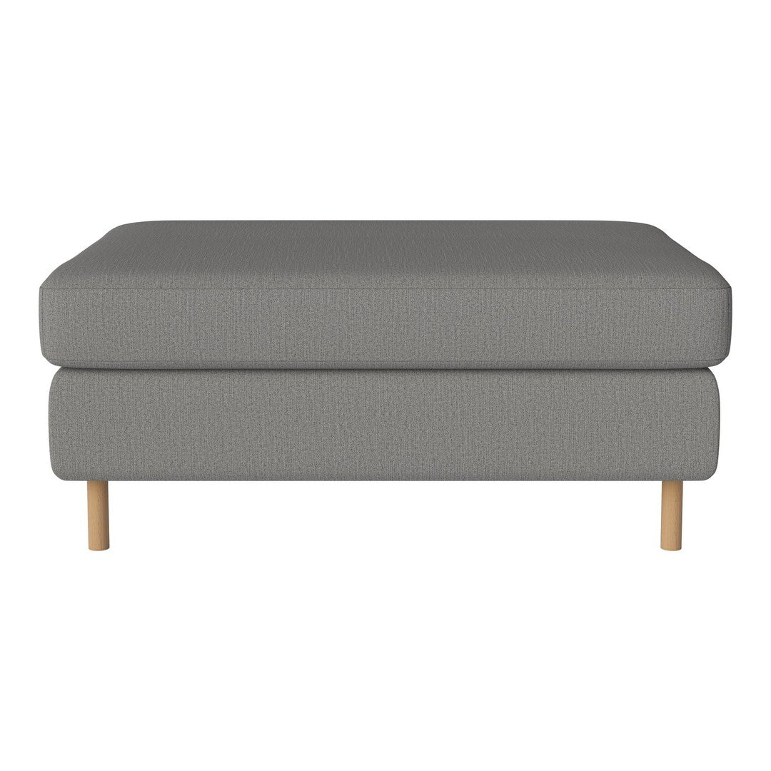 Gray upholstered ottoman with a textured pattern and natural wood legs. Modern and versatile design for any room.