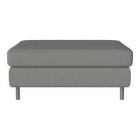 Gray upholstered ottoman with a textured pattern and sleek metal legs, perfect for modern decor.