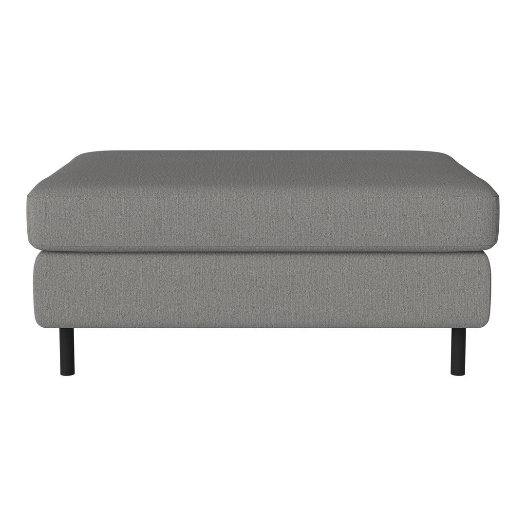 Stylish gray ottoman with textured fabric and sleek black legs, perfect for modern living spaces.