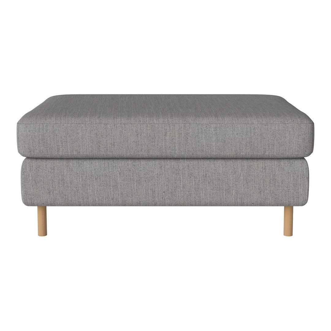 Gray upholstered ottoman with a smooth texture and light wood legs, perfect for modern decor.