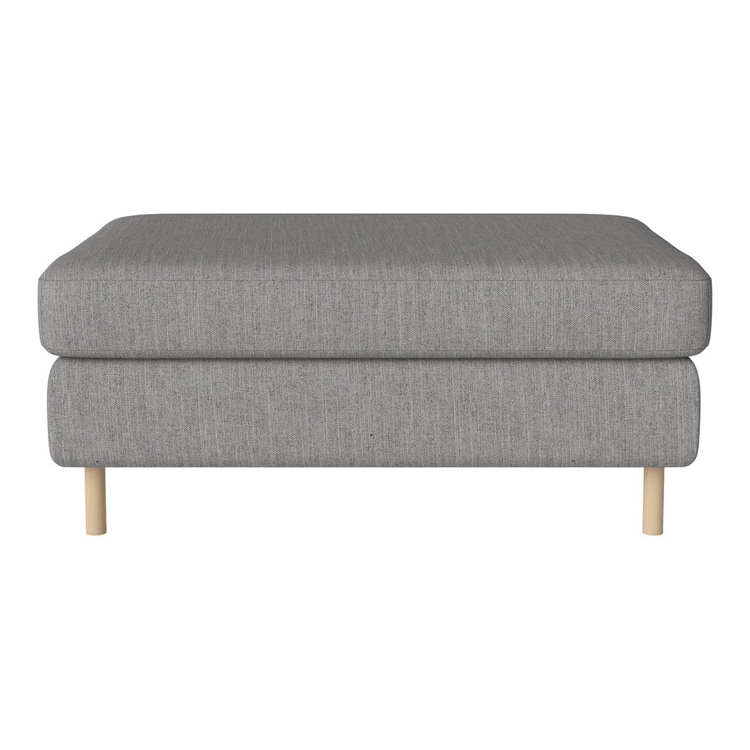 Gray upholstered ottoman with subtle texture and natural wood legs. Versatile design for modern decor.