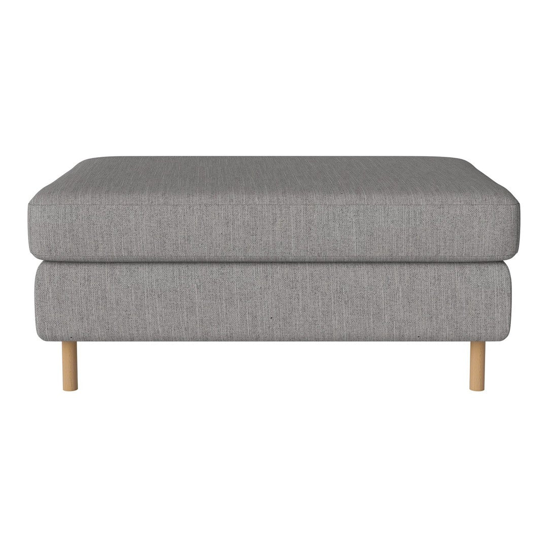 Gray upholstered ottoman with a subtle texture and wooden legs, perfect for modern living spaces.
