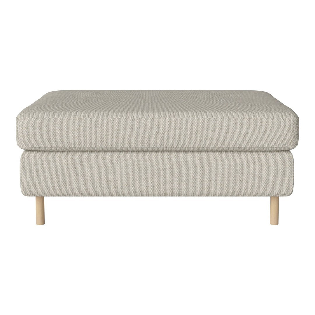 Light gray upholstered ottoman with clean lines and natural wooden legs, perfect for minimalist decor.