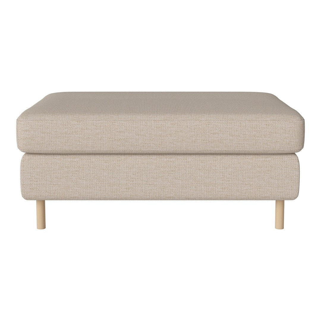 Beige ottoman with a smooth, textured fabric and natural wood legs. Simple, minimalist design perfect for any decor.