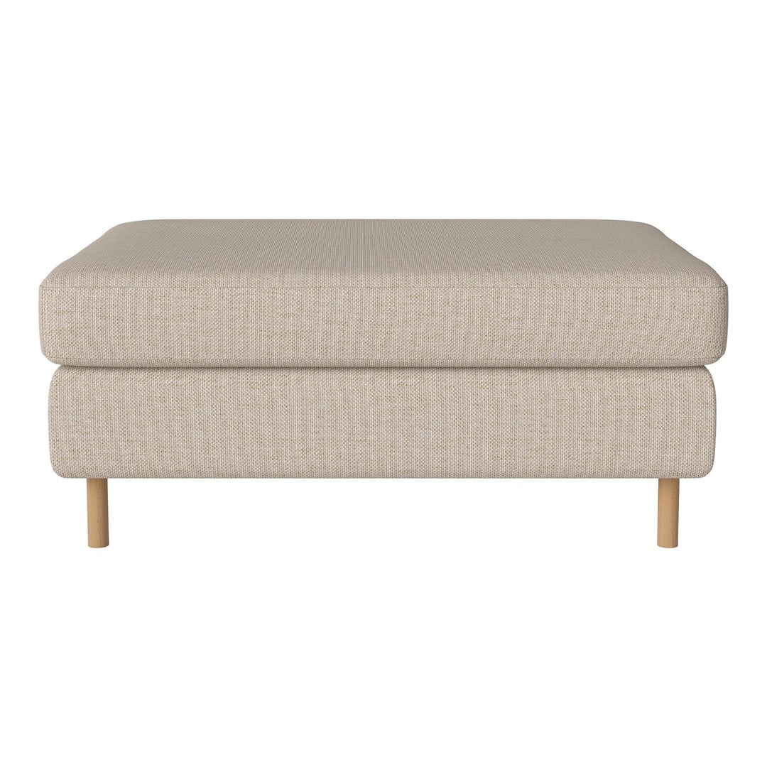 Beige upholstered ottoman with a smooth texture and light wooden legs, perfect for modern decor.