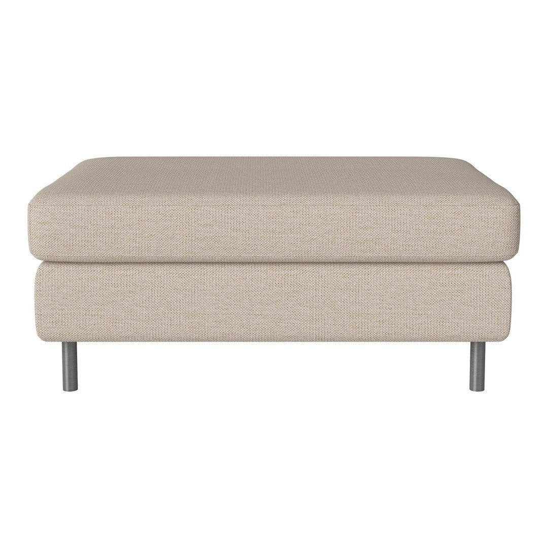 Beige upholstered ottoman with a smooth, textured surface and sleek metal legs.