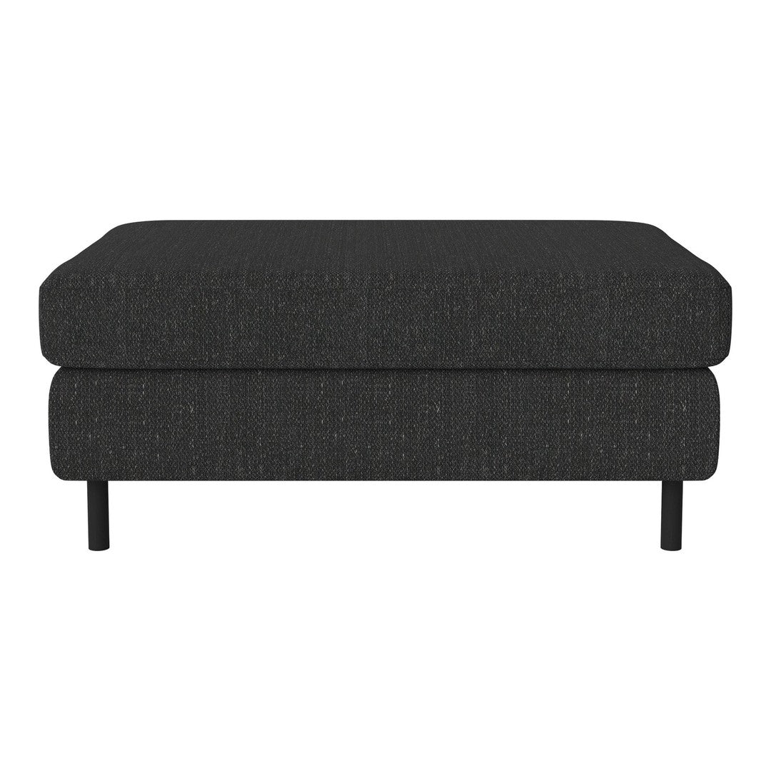 Black upholstered ottoman with a textured fabric and minimalist design, featuring sturdy black metal legs.