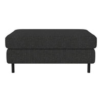Black upholstered ottoman with a textured fabric and minimalist design, featuring sturdy black metal legs.