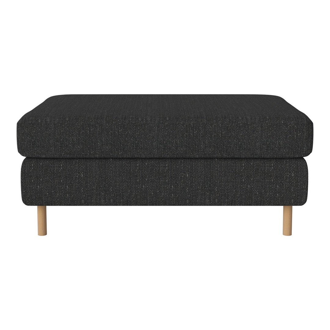Dark charcoal upholstered ottoman with a sleek, minimalist design and light wooden legs.