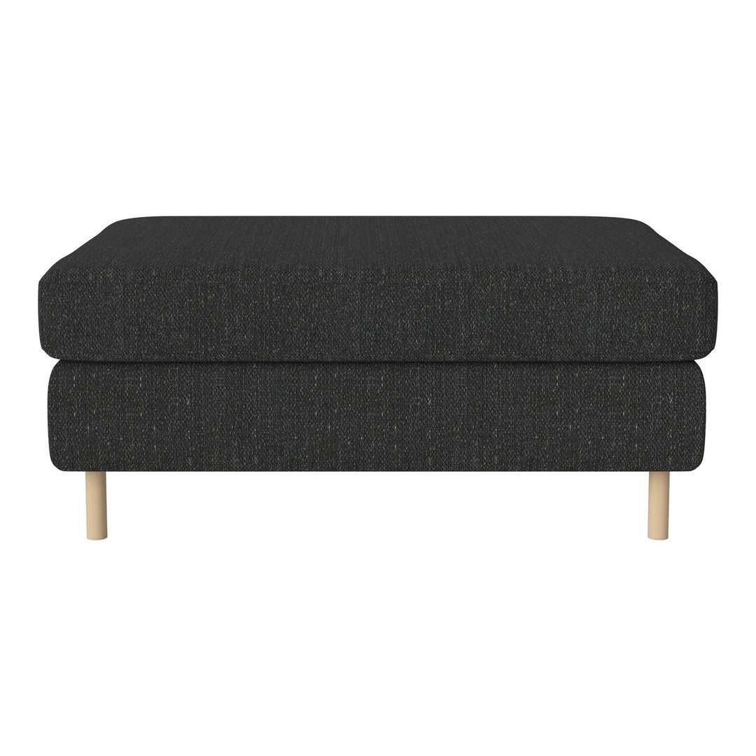 Dark gray ottoman with textured fabric and wooden legs, ideal for modern decor.