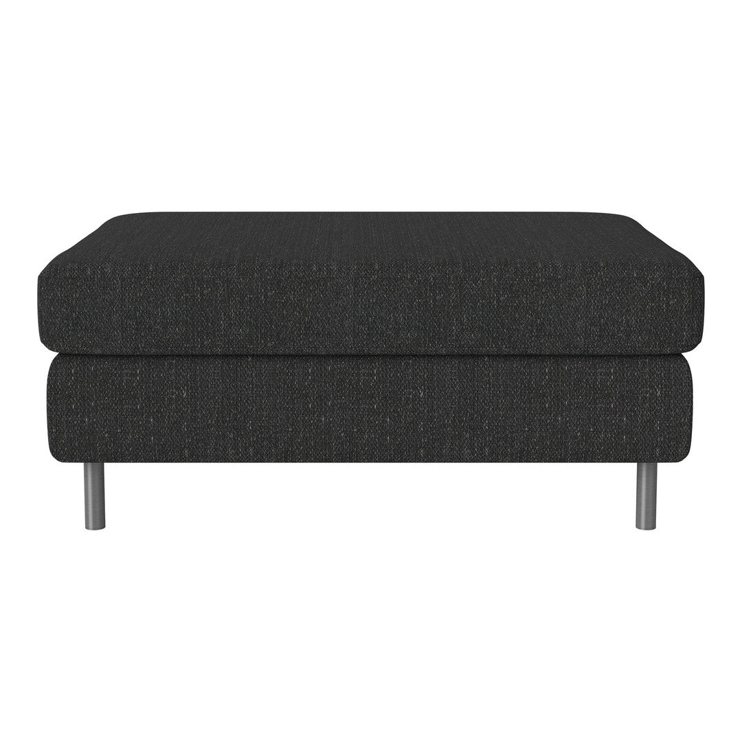 Dark gray ottoman with a textured fabric pattern and sleek metal legs, ideal for modern interiors.