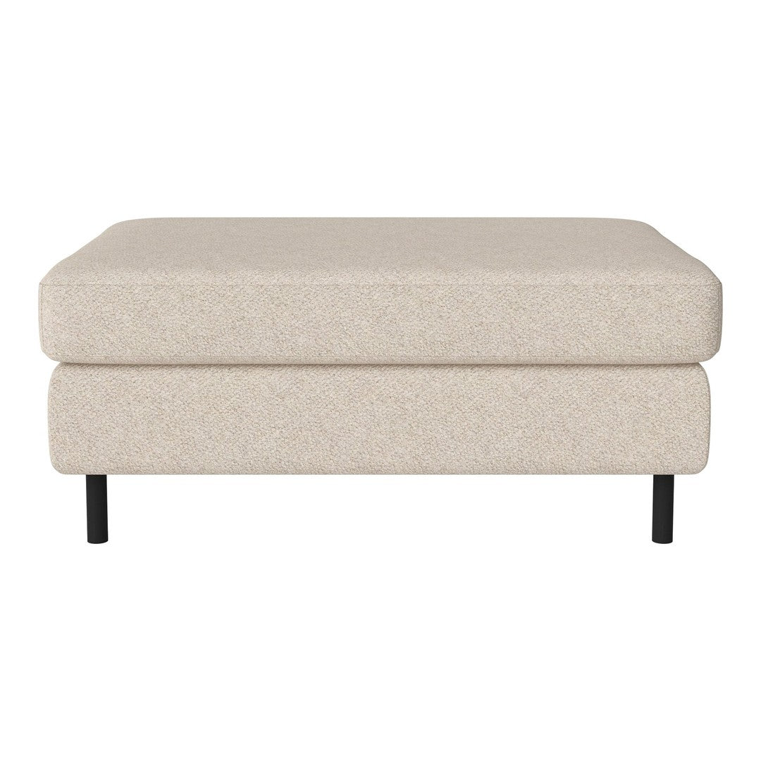 Beige upholstered ottoman with a textured finish and black metal legs, perfect for modern decor.