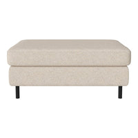 Beige upholstered ottoman with a textured finish and black metal legs, perfect for modern decor.