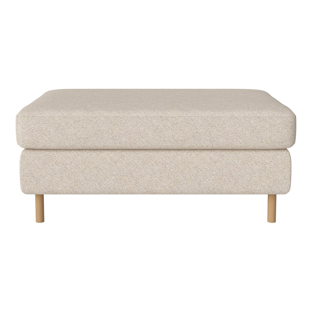 Beige upholstered ottoman with a textured fabric and natural wood legs, featuring a minimalist design.