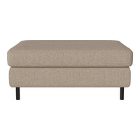 Beige upholstered ottoman with a smooth texture and black metal legs, perfect for stylish and modern décor.
