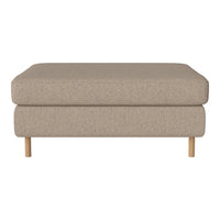 Beige upholstered ottoman with a smooth texture and natural wooden legs. Perfect for cozy interiors.