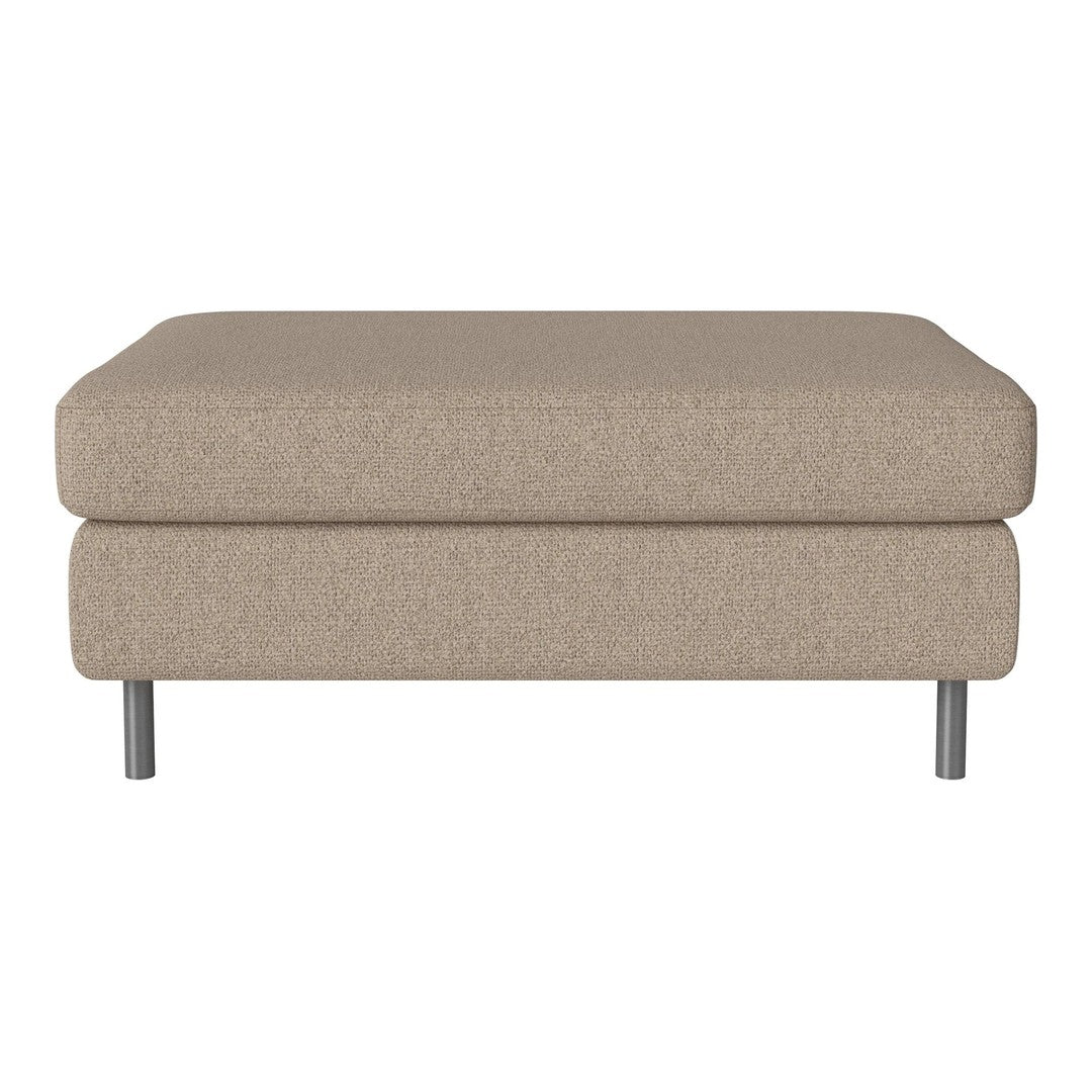 Beige upholstered ottoman with a smooth fabric texture and sleek metal legs, perfect for modern living spaces.